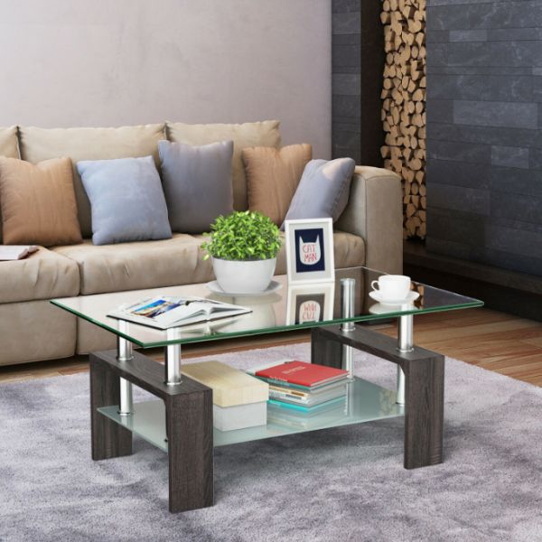 Modern 2 Tier Glass Coffee Table with a glass top and wooden base in a stylish living room setting.