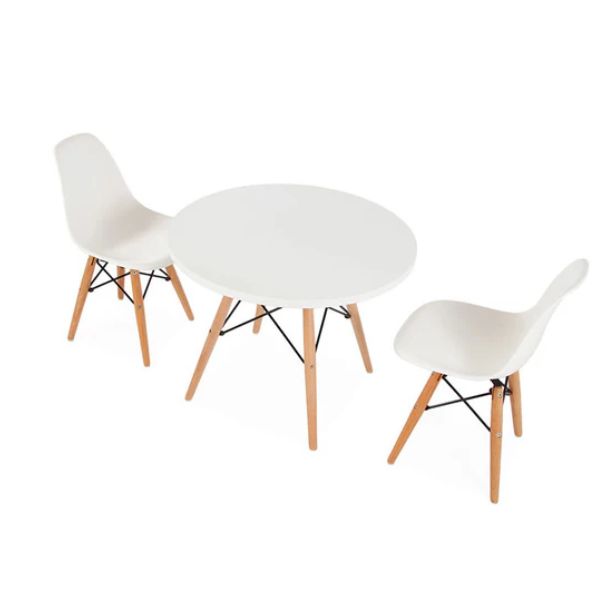 Kids Modern Plastic Chair with Wooden Legs set with round white table and two chairs, perfect for children's spaces.