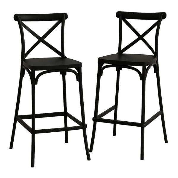 Two Modern Vintage Plastic Bar Chairs with X-back design in black color, ideal for counters and casual seating areas.