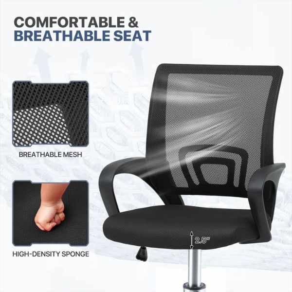 Image showcasing Ergonomic Mid-Back Mesh Office Chair features: breathable mesh and high-density sponge for comfort.