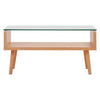 Eleonor Glass & Wood Coffee Table featuring a clear glass top and wooden base, perfect for modern living rooms.