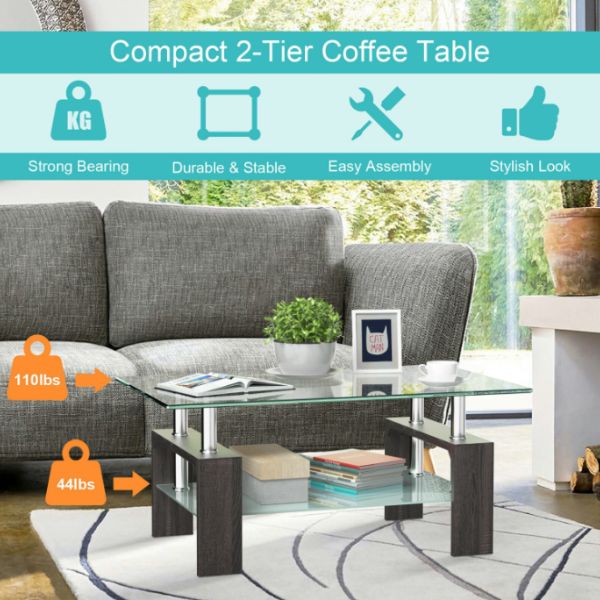 Modern 2 Tier Glass Coffee Table in a stylish living room with compact design and practical storage.