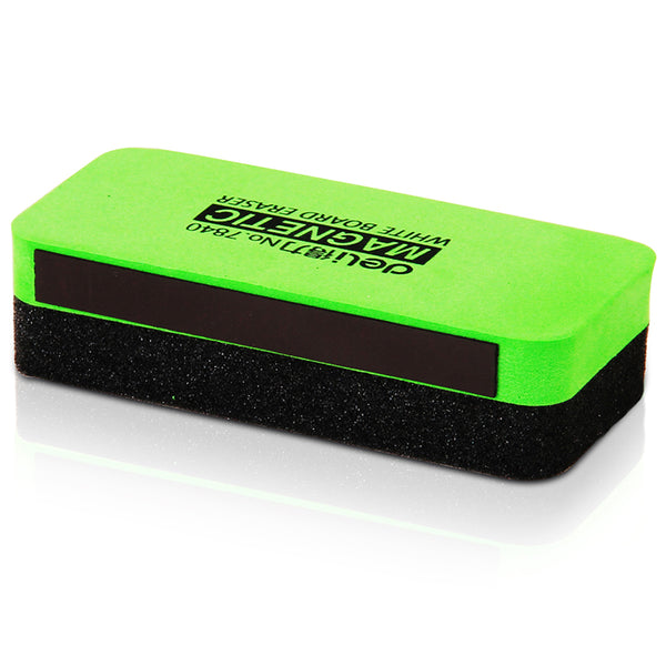 Magnetic Whiteboard Eraser in bright green with soft EVA sponge for easy whiteboard cleaning.