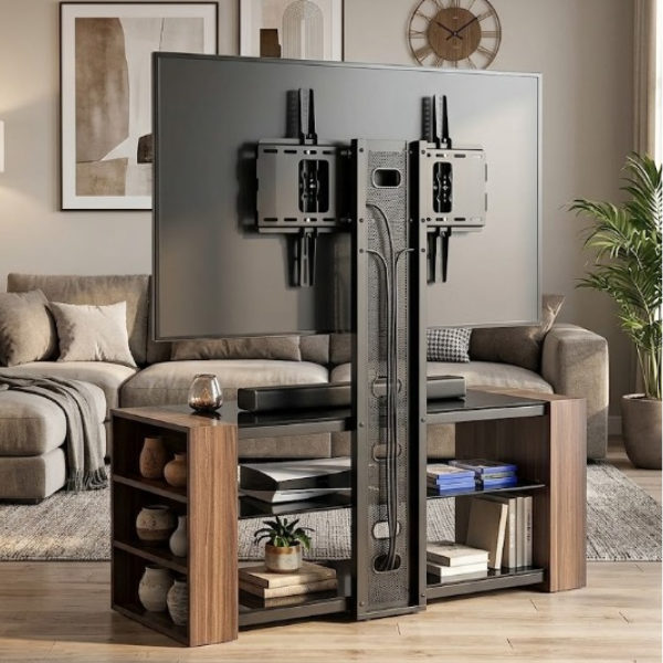 Modern Glass TV Stand displaying a flat-screen TV in a stylish living room setting.
