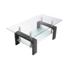 Modern 2 Tier Glass Coffee Table with sleek design, featuring glass top and wooden legs for stylish living room decor.
