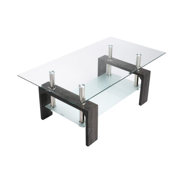 Modern 2 Tier Glass Coffee Table with sleek design, featuring glass top and wooden legs for stylish living room decor.