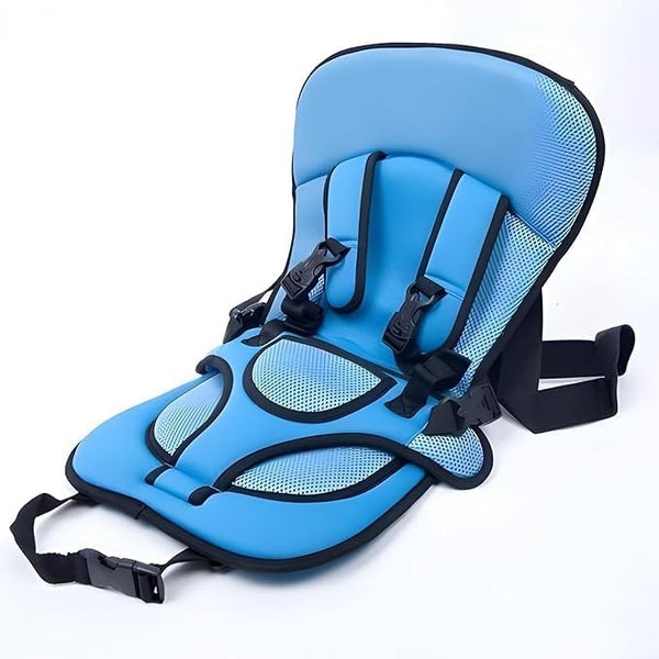 Breathable Anti-Slip Baby Car Seat Cushion in blue with safety harness and comfortable padding.
