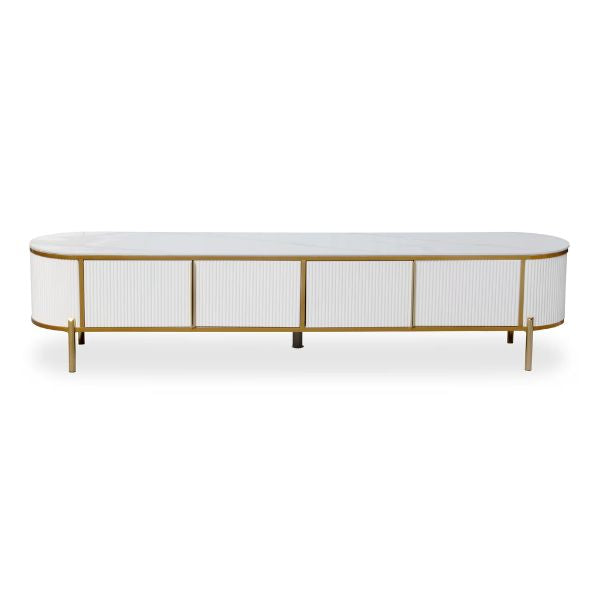 Arabelle Luxe Modern Marble Finish TV Stand featuring a sophisticated design and gold accents.