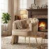 Luxury Tufted Velvet Barrel Dining Chair in a stylish living room with a cozy fireplace.
