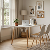 Betty Wooden Leg Dining Table in a modern home office setting with natural light and stylish decor.