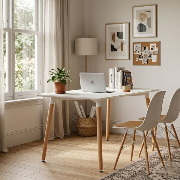 Betty Wooden Leg Dining Table in a modern home office setting with natural light and stylish decor.