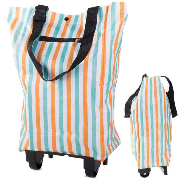 Foldable Shopping Trolley Bag with Wheels, colorful striped design, featuring sturdy wheels and shoulder straps.