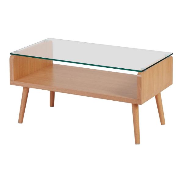Eleonor Glass & Wood Coffee Table featuring a clear glass top and wood base, ideal for modern living rooms.