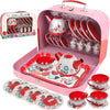 Floral 15-Piece Kids Tin Tea Set with Carrying Case showcasing colorful cups, saucers, and a teapot in a pink carrying case.