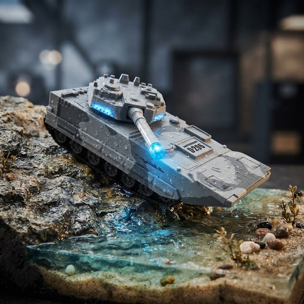 A-206 Amphibious Tank Toy on rocky terrain with water, featuring blue lights for imaginative play.