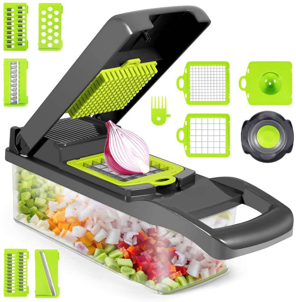 14 Piece Multifunctional Vegetable Slicer with multiple blades for easy slicing, dicing, and grating vegetables.