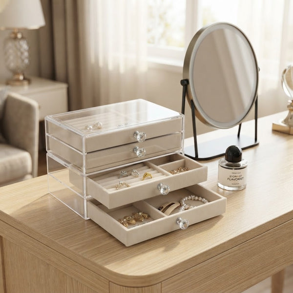 3-Tier Clear Acrylic Jewelry Box with Velvet Drawers on a dresser showcasing organized jewelry.