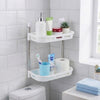 Space Nest 2-Tier Bathroom Corner Shelf with toiletries and essentials organized in a bright bathroom setting.