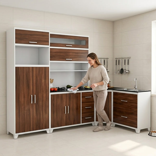 Multi-Piece Modular Kitchen Unit in a Brown and White Finish