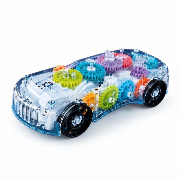 Transparent Gear Racing Car Toy with Visible Moving Gears showcasing colorful internal gears.