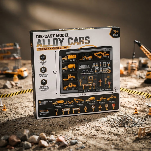 Die-Cast Model Alloy Cars Construction Vehicle Gift Set packaging displayed on a construction-themed playset.