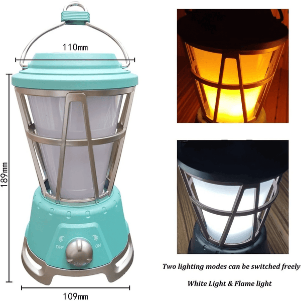 Outdoor Flicker LED Lantern with dual lighting modes showcasing white light and flame effect.