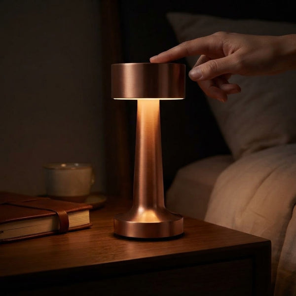 Hand adjusting the Modern Cordless Copper Turret Table Lamp on a bedside table with warm light.