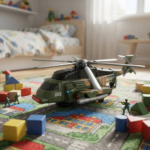 Battery-Operated Military-Style Helicopter Toy on a colorful play mat surrounded by building blocks and toy soldiers.