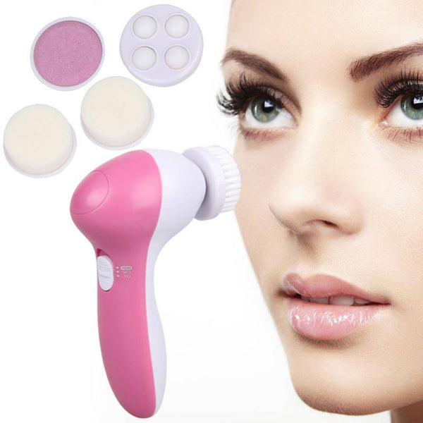 5 in 1 Facial Skin Care Electric Massager Scrubber with attachments for facial treatments and skincare routine.
