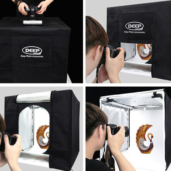 40x40cm LED Deep Professional Photography Studio Light Box Set in use, capturing product photography with optimal lighting.