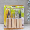 Set of 6 Stainless Steel Fruit Forks with Wooden Handles in packaging, ideal for serving fruit and snacks.