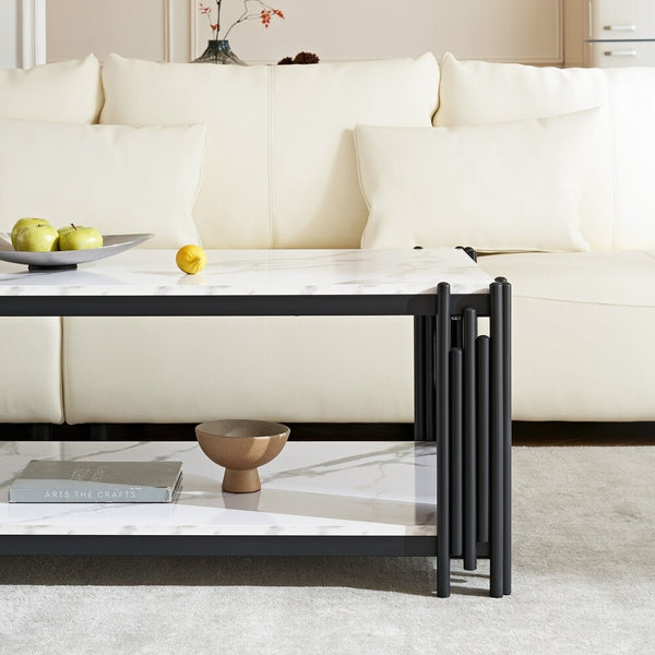 Modern Rectangular Glass Coffee Table with sleek design, featuring a marble top and stylish black legs in a modern living room.