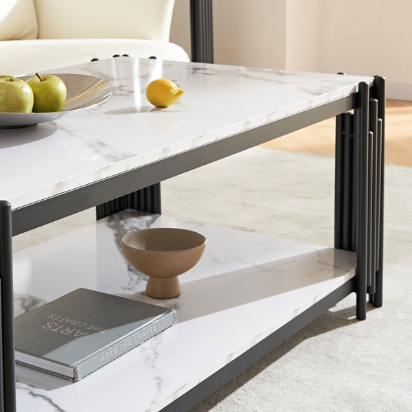 Modern Rectangular Glass Coffee Table with marble top, black legs, featuring decorative fruits and books.