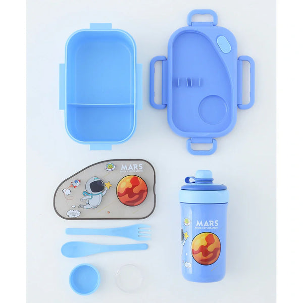 Space Print Lunch Box and Water Bottle Set featuring a blue lunchbox and bottle with space theme.