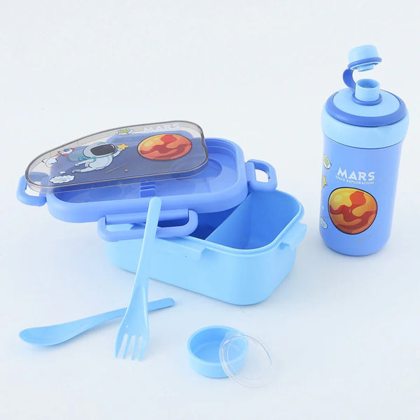 Space Print Lunch Box and Water Bottle Set featuring blue lunch container and water bottle.
