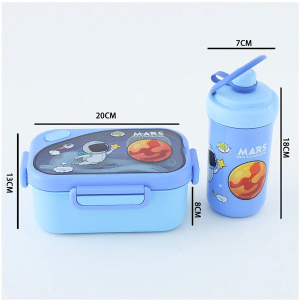 Space Print Lunch Box and Water Bottle Set featuring a space-themed lunchbox and bottle with measurements.