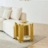 2 Tier Faux Marble Side Table next to a beige sofa, featuring modern design and practical shelving.