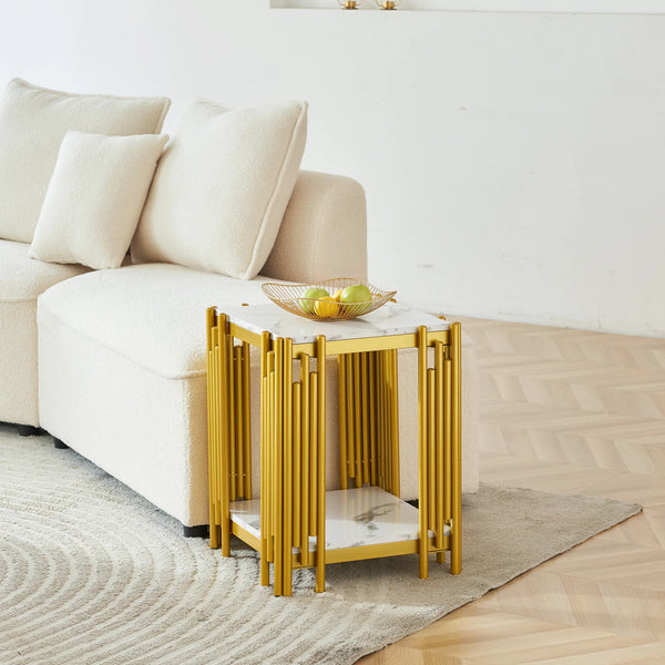 2 Tier Faux Marble Side Table next to a beige sofa, featuring modern design and practical shelving.