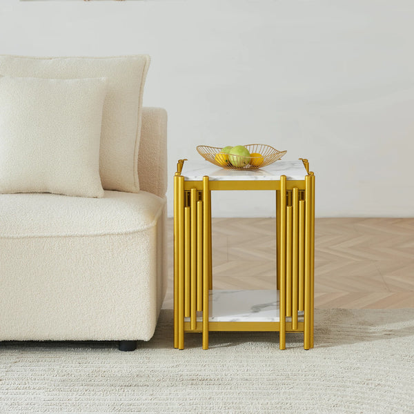 2 Tier Faux Marble Side Table in modern living room setting with decorative bowl and fruit