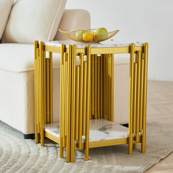 2 Tier Faux Marble Side Table with golden frame and practical shelving, styled in a modern living room setting.