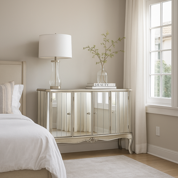 Victorian High-Gloss 4 Door Sideboard showcasing elegant gold accents in a stylish home setting.