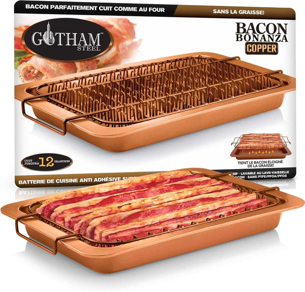 Copper Bacon Bonanza bacon cooker with a non-stick tray, designed to cook multiple bacon strips evenly.