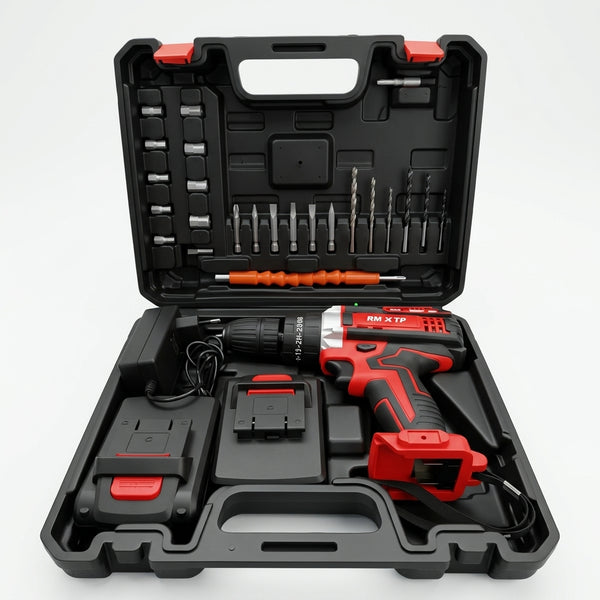 21V Multi-Function Cordless Impact Drill & Screwdriver set in carrying case with accessories and bits.