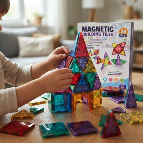 Child building with the 38-Piece Magnetic Building Tiles Set, colorful magnetic shapes creating a tower.