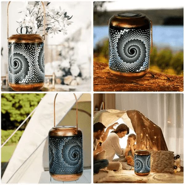 Outdoor Solar Garden Lantern showcasing warm lighting in various outdoor settings.
