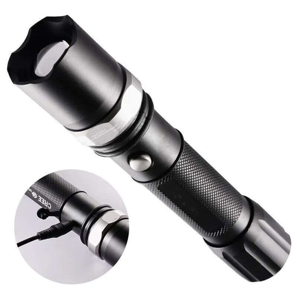 20 000 Lumen Adjustable LED Torch featuring a sleek design and charging port for high-power illumination.
