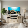 Sleek Living Room Entertainment TV Stand Console with TV and modern decor in bright living room setting.