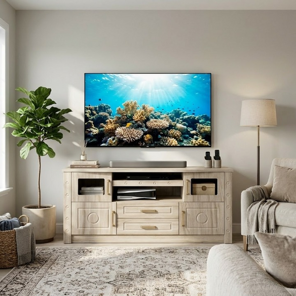 Sleek Living Room Entertainment TV Stand Console with TV and modern decor in bright living room setting.