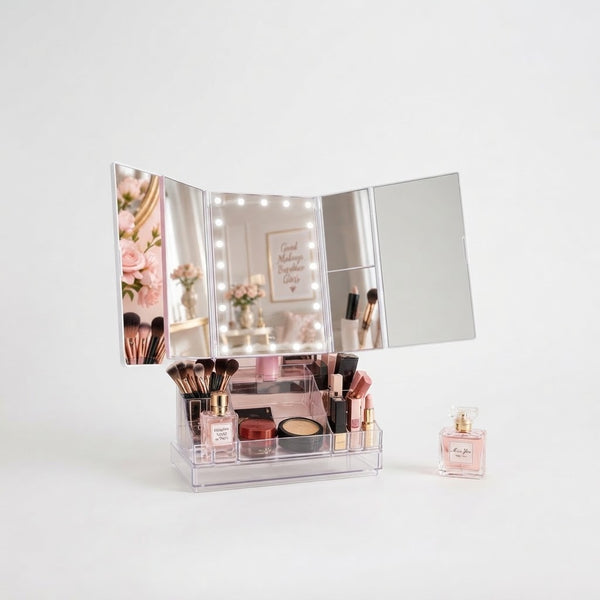 360-Degree Rotating TriFold Makeup Mirror with LED & Storage showcasing makeup products and elegant design.