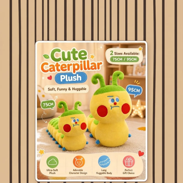 Cute Caterpillar Plush Throw Pillow display featuring soft, funny, and huggable plush designs in two sizes.
